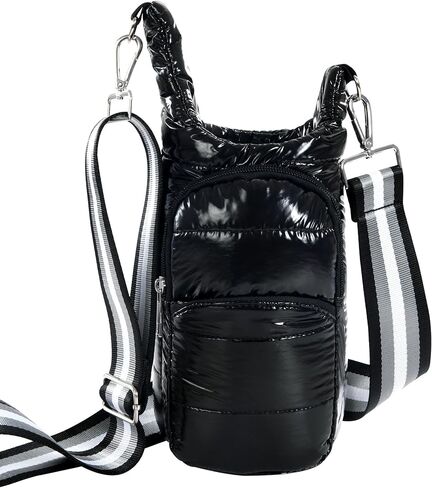 Water Bottle Holder with Adjustable Wide Strap, Crossbody Puffer Water Bottle Bag, Quilted Water Bottle Carrier Bag, Silver Metallic in Saudi Arabia