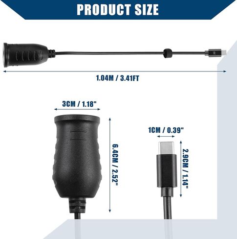 9V Cigarette Lighter Adapter/Interior USB Type C Male Cigarette Lighter Converter Cable for Car RV/Durable ABS Plastic 1.04m / 1 Pcs Black in Saudi Arabia