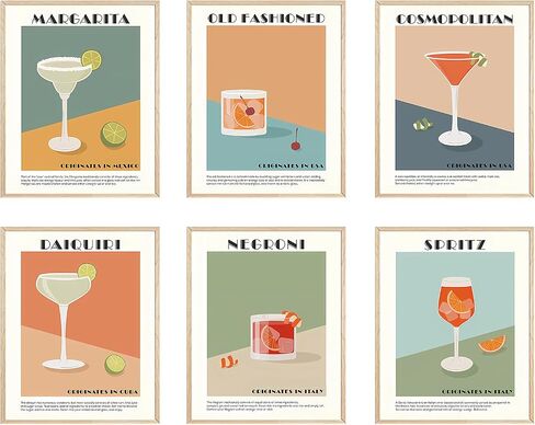 Cocktail Wall Art Set of 6 Retro Cocktail Bar Wall Decor Artwork Unframed Colorful Alcohol Drink Poster Prints for Bar Party Dorm Kitchen Living Room 8x10 Inch in Saudi Arabia