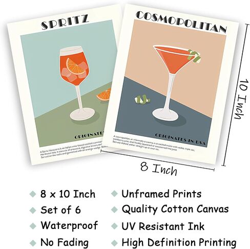 Cocktail Wall Art Set of 6 Retro Cocktail Bar Wall Decor Artwork Unframed Colorful Alcohol Drink Poster Prints for Bar Party Dorm Kitchen Living Room 8x10 Inch in Saudi Arabia