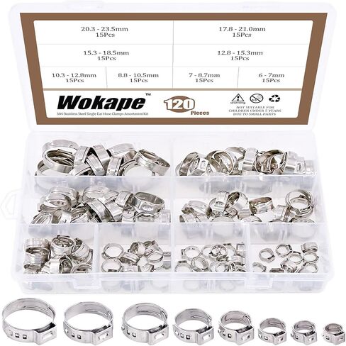 مجموعة متنوعة من 120 قطعة 304 من الفولاذ المقاوم للصدأ لخرطوم الأذن الفردي، 6 مم - 23.5 مم مشبك خرطوم تجعيد الأذن حلقات تثبيت بدون خطوات (1/4 بوصة - 15/16 بوصة) in Kuwait