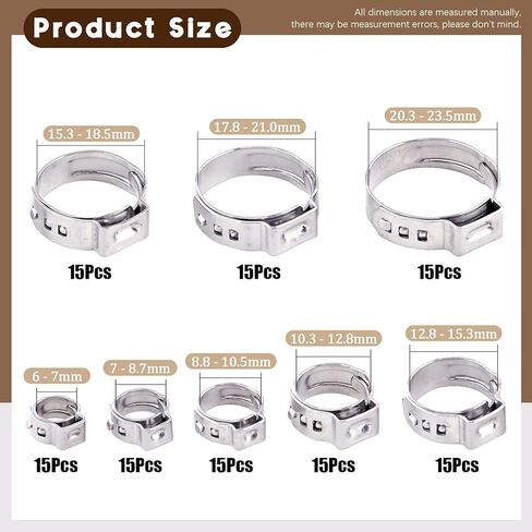 مجموعة متنوعة من 120 قطعة 304 من الفولاذ المقاوم للصدأ لخرطوم الأذن الفردي، 6 مم - 23.5 مم مشبك خرطوم تجعيد الأذن حلقات تثبيت بدون خطوات (1/4 بوصة - 15/16 بوصة) in Kuwait