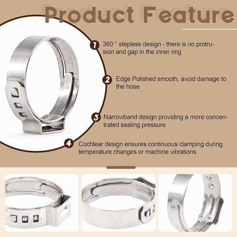 مجموعة متنوعة من 120 قطعة 304 من الفولاذ المقاوم للصدأ لخرطوم الأذن الفردي، 6 مم - 23.5 مم مشبك خرطوم تجعيد الأذن حلقات تثبيت بدون خطوات (1/4 بوصة - 15/16 بوصة) in Kuwait