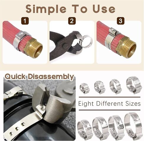 مجموعة متنوعة من 120 قطعة 304 من الفولاذ المقاوم للصدأ لخرطوم الأذن الفردي، 6 مم - 23.5 مم مشبك خرطوم تجعيد الأذن حلقات تثبيت بدون خطوات (1/4 بوصة - 15/16 بوصة) in Kuwait