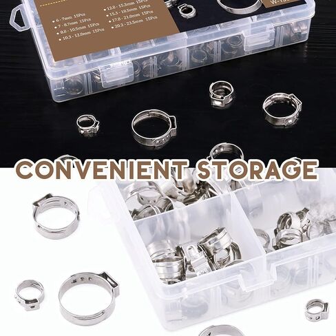 مجموعة متنوعة من 120 قطعة 304 من الفولاذ المقاوم للصدأ لخرطوم الأذن الفردي، 6 مم - 23.5 مم مشبك خرطوم تجعيد الأذن حلقات تثبيت بدون خطوات (1/4 بوصة - 15/16 بوصة) in Kuwait
