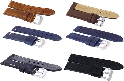 سوار ساعة RATIO من الجلد مكون من 6 قطع أحزمة ساعة بديلة من الجلد الطبيعي 100% للرجال والنساء، عبوة من 6 قطع - مقاس 22 ملم in Kuwait
