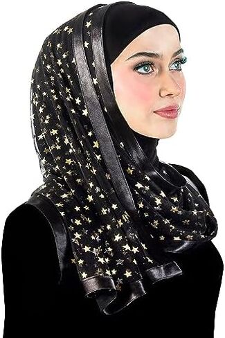 Middle Eastern Mall Stylish Mona Hijab Women's Black Kuwaiti with Chiffon Wrap Shawl & Satin Trim in Saudi Arabia