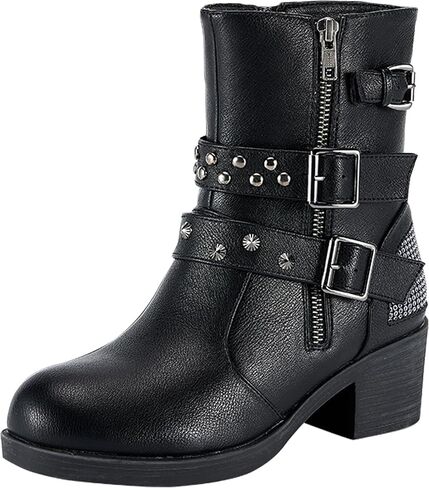 أحذية دريم أباريل النسائية لركوب الدراجات النارية مع سحابات جانبية مزدوجة، أحذية طويلة للكاحل من الجلد الصناعي الأسود مع أشرطة ثلاثية قابلة للتعديل، أحذية قصيرة عصرية للسيدات بكعب مكتنز in Kuwait