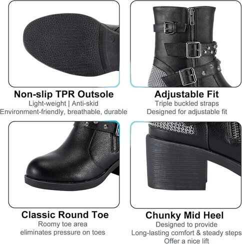 أحذية دريم أباريل النسائية لركوب الدراجات النارية مع سحابات جانبية مزدوجة، أحذية طويلة للكاحل من الجلد الصناعي الأسود مع أشرطة ثلاثية قابلة للتعديل، أحذية قصيرة عصرية للسيدات بكعب مكتنز in Kuwait