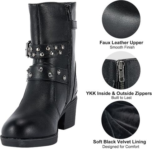 أحذية دريم أباريل النسائية لركوب الدراجات النارية مع سحابات جانبية مزدوجة، أحذية طويلة للكاحل من الجلد الصناعي الأسود مع أشرطة ثلاثية قابلة للتعديل، أحذية قصيرة عصرية للسيدات بكعب مكتنز in Kuwait