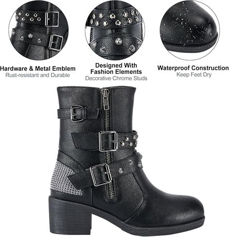 أحذية دريم أباريل النسائية لركوب الدراجات النارية مع سحابات جانبية مزدوجة، أحذية طويلة للكاحل من الجلد الصناعي الأسود مع أشرطة ثلاثية قابلة للتعديل، أحذية قصيرة عصرية للسيدات بكعب مكتنز in Kuwait