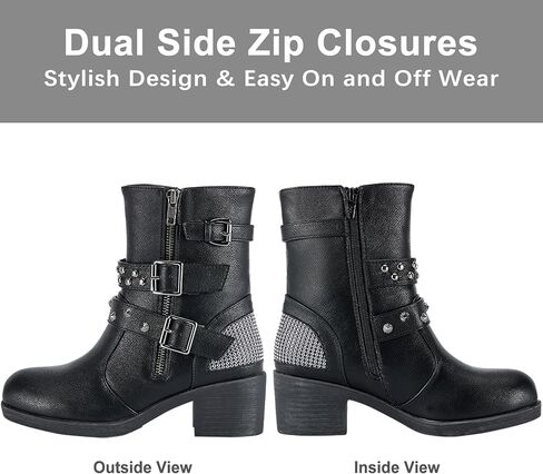 أحذية دريم أباريل النسائية لركوب الدراجات النارية مع سحابات جانبية مزدوجة، أحذية طويلة للكاحل من الجلد الصناعي الأسود مع أشرطة ثلاثية قابلة للتعديل، أحذية قصيرة عصرية للسيدات بكعب مكتنز in Kuwait