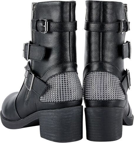 أحذية دريم أباريل النسائية لركوب الدراجات النارية مع سحابات جانبية مزدوجة، أحذية طويلة للكاحل من الجلد الصناعي الأسود مع أشرطة ثلاثية قابلة للتعديل، أحذية قصيرة عصرية للسيدات بكعب مكتنز in Kuwait