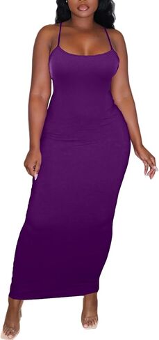 Women's Spaghetti Strap Bodycon Dress - Summer Casual Maxi Club Party Long Tight Slip Dresses in Kuwait