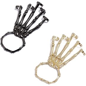 COLORFUL BLING 2Pcs Halloween Skull Skeleton Hand Bracelet with Ring Handmade Skull Fingers Metal Hand Wristband Bracelet Jewelry for Women Men Gifts