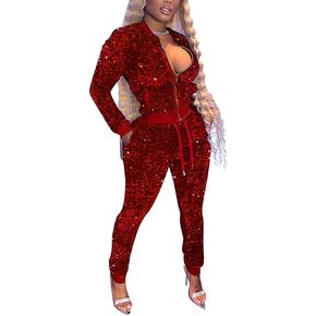 WOKANSE 2 Piece Night Club Outfits for Women Fleeces Sequin Long Sleeve Zipper Top and Shiny Long Pants Sets