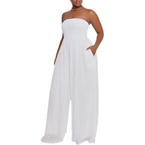Women's Sexy Off Shoulder Elastic Smocked Wide Leg Jumpsuit Strapless Tube Top Flare Long Pants Romper with Pockets(WH,M)