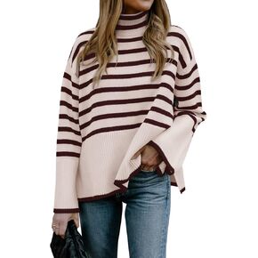 Gyrans 2023 Women's Long Sleeve Striped Sweater Turtleneck Casual Loose Side Split Ribbed Knit Oversized Pullover Jumper Tops in Kuwait