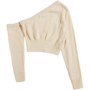 WDIRARA Women's One Shoulder Asymmetrical Neck Long Sleeve Crop Sweater Tops