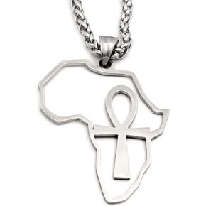 Stainless Steel Ankh Cross Necklace Africa Map Pendant Silvertone Keel Chain Jewelry Strength Amulet Talisman
