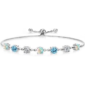 Gem Stone King 2.81 Ct Round Cabochon White Simulated Opal Swiss Blue Topaz 925 Sterling Silver Lab Grown Diamond Tennis Bracelet For Women (Fully Adjustable Up to 9 Inch)