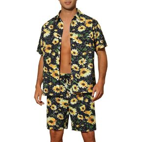 Lars Amadeus Summer Printed Shirts Set for Men's Short Sleeves Color Block Hawaiian Outfit 2 Pieces