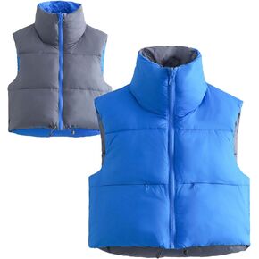Reversible Cropped Puffer Vests for Women Stand Collar Zip Up Lightweight Outerwear Vests Gilet with Pockets