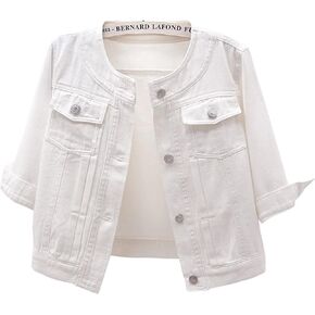 Women Short Denim Jacket Long Sleeve Round Neck Button Down Cropped Jean Jackets