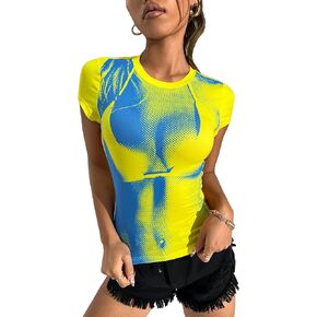 GORGLITTER Women's Body Print Graphic Tees Y2K Crop Top Long Sleeve Colorblock T Shirt