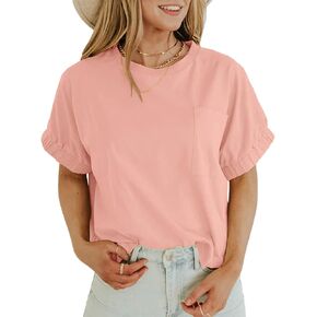Women's Short Sleeve T Shirts Crewneck Summer Cropped Top Casual Basic Tees with Pocket