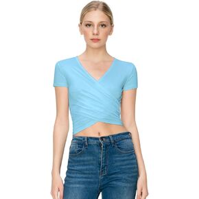 Women's Long/Short Sleeve Deep V Neck Cross Wrap Crop Surplice Top