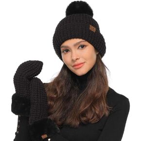 C.C Women Waffle Knit Fuzzy Sherpa Lined Pom Beanie & Mitten Winter Gloves Set in Kuwait