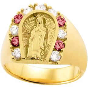 Savlano 18K Yellow Gold Plated Horseshoe Lady of Guadalupe Virgin Mary with Round Cut White & Red Cubic Zirconia Women's Girl's Religious Ring
