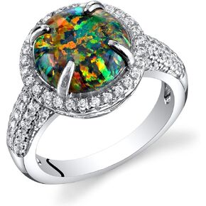 PEORA Created Black Fire Opal Ring for Women in Sterling Silver, Victorian Vintage Design, 1.25 Carats Round Cabochon, Comfort Fit, Sizes 5 to 9