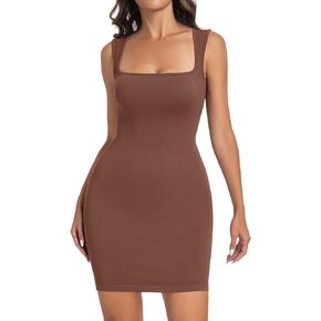 SeSe Code Womens Square Neck Tank Top Bodice Dress Sleeveless Stretch Flare Mini Dresses