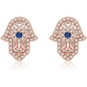 Hamsa Evil Eye Earrings Rose Gold Plated Dainty Hypoallergenic Stud Earrings for Sensitive Ears Minimalist Protection Jewelry for Women