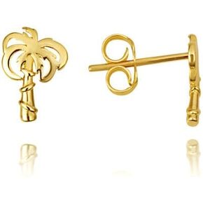 Palm Tree Beach Stud Earrings Real Solid 14K Yellow Gold