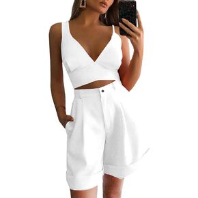 Rooscier Women's 2Pcs Outfits Sleeveless V Neck Knot Crop Top and Wide Leg Pocket Short Set