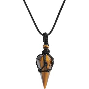 UILZ Healing Crystal Necklace for Men Women Natural Pointed Stone Pendant Necklaces Adjustable Black Rope Necklaces Gemstone Jewelry