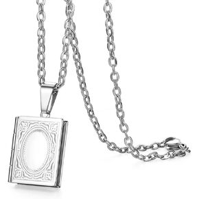 OIDEA Religious Bible Book Locket Necklace Stainless Steel Charms Vintage Antique Bronze Floating Locket Photo Frame Living Memory Photo Holder Pendants for Men