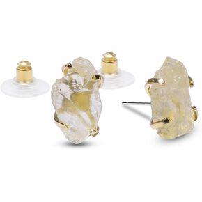Raw Crystal Earrings Studs, Natural Rose Quartz Amethyst Citrine Quartz Prong Setting Stud Earrings for Women, 14k Gold Plated Handmade Irregular Healing Crystal Earrings for Girls Gift.