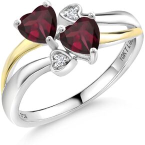 Gem Stone King 925 Silver and 10K Yellow Gold Red Rhodolite Garnet and White Lab Grown Diamond Ring For Women (1.12 Cttw, January Birthstone, Heart Shape 5MM, Available in Size 5,6,7,8,9)