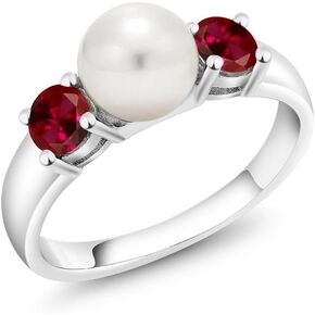 Gem Stone King 925 Sterling Silver Freshwater Pearl and Red Created Ruby Ring For Women (0.80 Cttw, Gemstone July Birthstone, Available in Size 5,6,7,8,9)