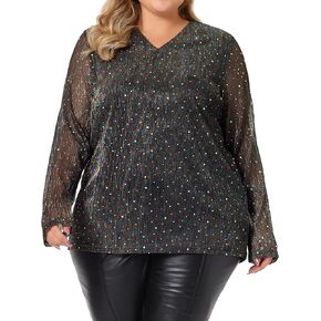 Agnes Orinda Plus Size Tops for Women Long Sleeve Glitter Club Party Shirt Sparkle Blouses