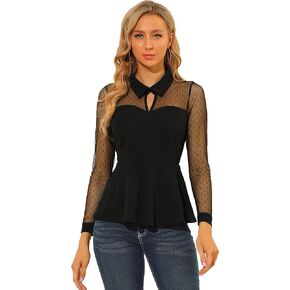 Allegra K Women's Mesh Sheer Long Sleeve Blouse Turn Down Collar Keyhole Peplum Top