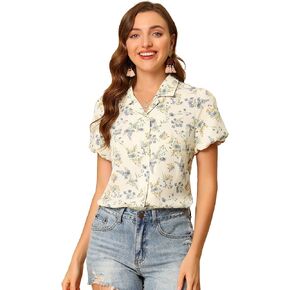 Allegra K Floral Shirt for Women's Notched Lapel 2023 Summer Casual Button Up Tops