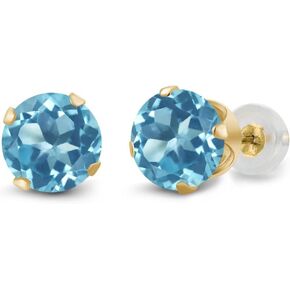 Gem Stone King 14K Yellow Gold Round Swiss Blue Topaz Women's Stud Earrings (2.00 Cttw, Gemstone Birthstone, Round 6MM)