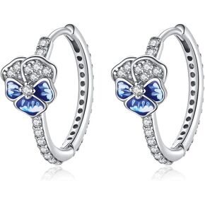 Boho Flower Hoop Earrings for Women Girls 925 Sterling Silver Oxidized Plated Dainty Cubic Zirconia Huggie Hoops Hyapollergenic Enamel Jewelry Gifts Birthday Wedding Anniversary