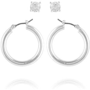 GUESS Silvertone CZ Stud and Hoop Earring Duo