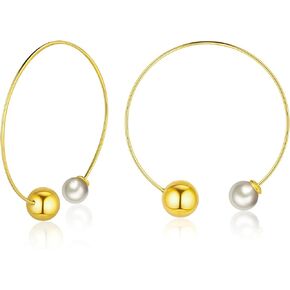 Pearl Gold Hoop Earrings for Women Girls, 14K Gold Plated Lightweight Open Hoop Dangle Drop Earrings Trendy Dainty Pearl Hypoallergenic Earrings Jewelry